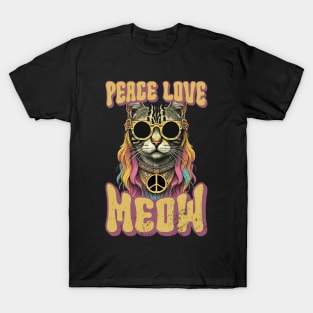 Peace Love Meow, Retro Groovy Style Hippie Cat Lover Design T-Shirt